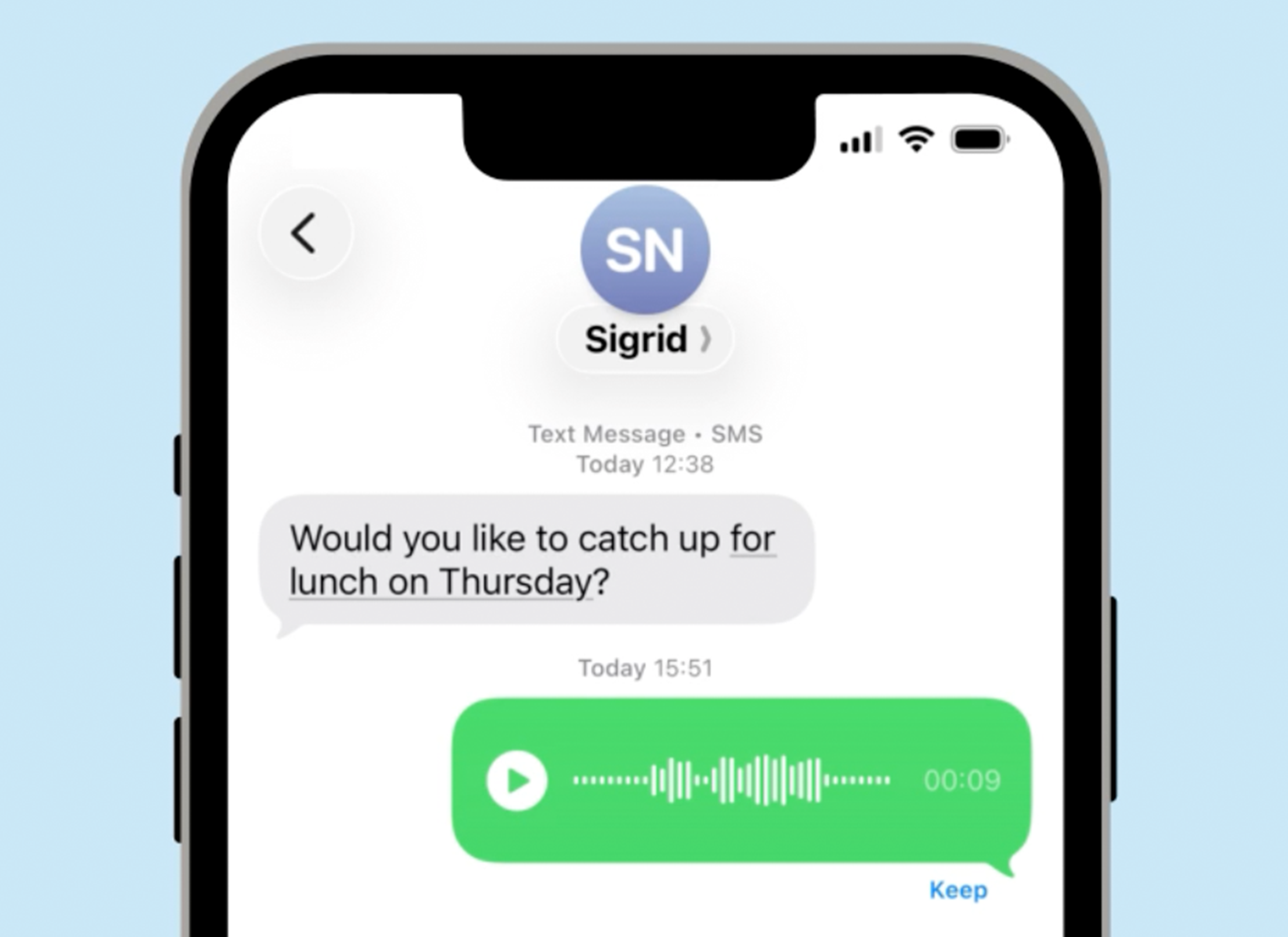 A voice message in a conversation on an iPhone
