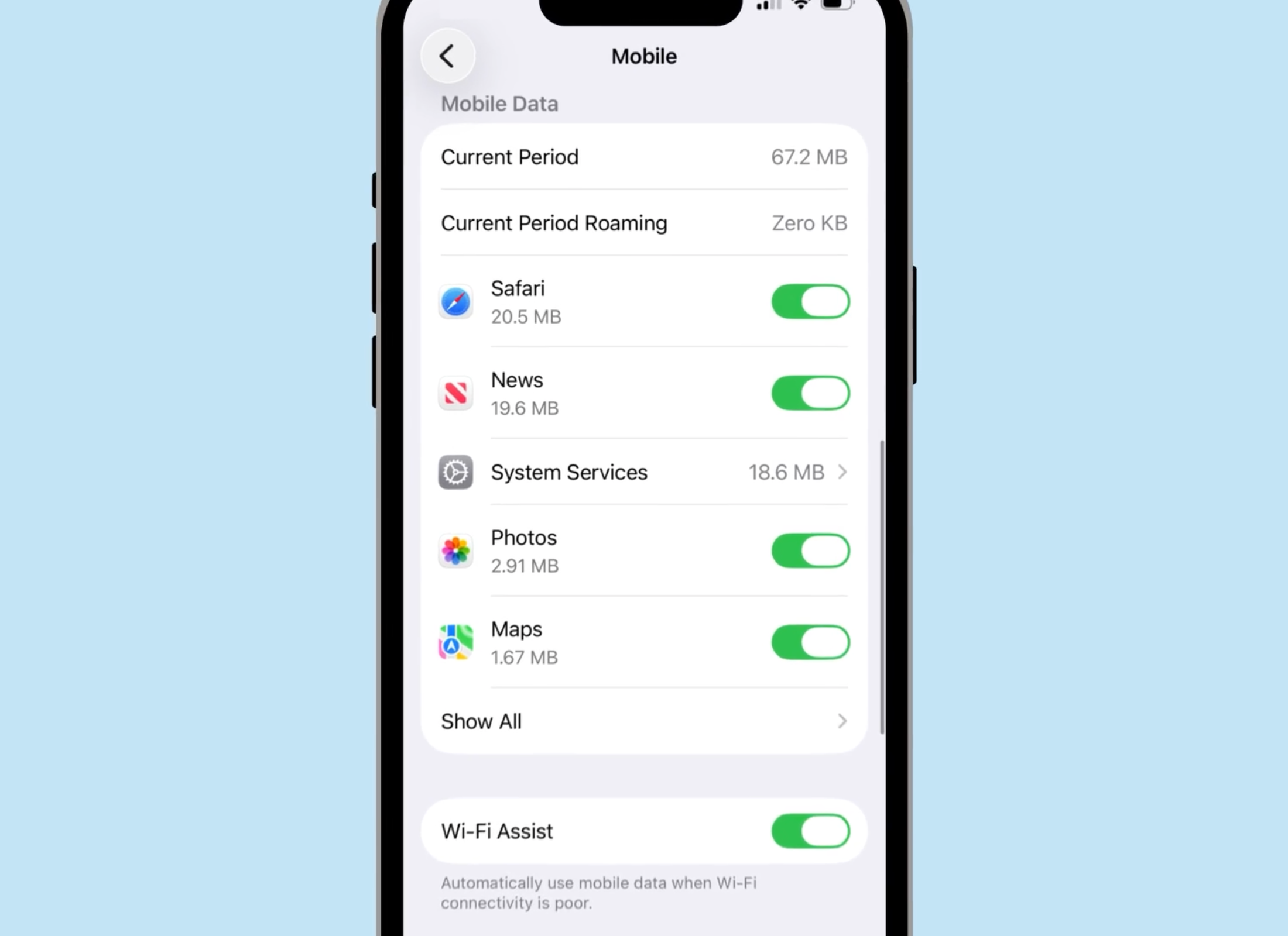 Mobile data settings on an iPhone