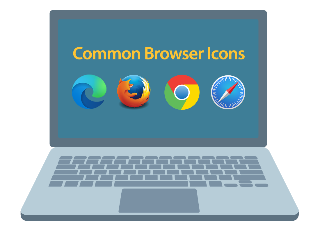 A computer screen shows the brand icons of common web browsers