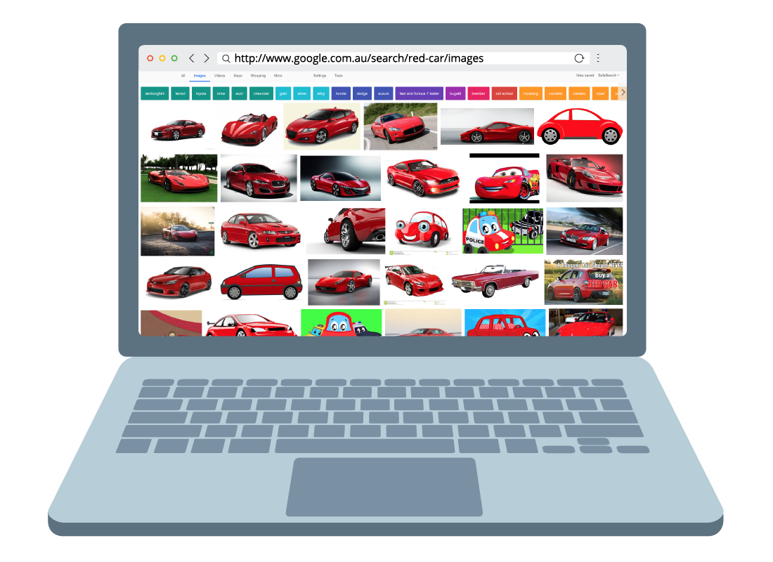 A search engine image results page showing a range of red cars