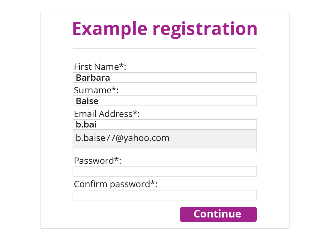 An example registration form that has been filled in with such details like name, email address and password