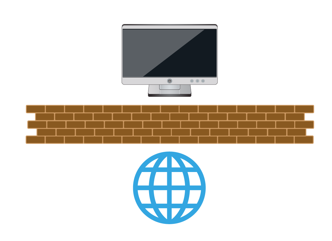 A computer and the internet symbol separated by a wall
