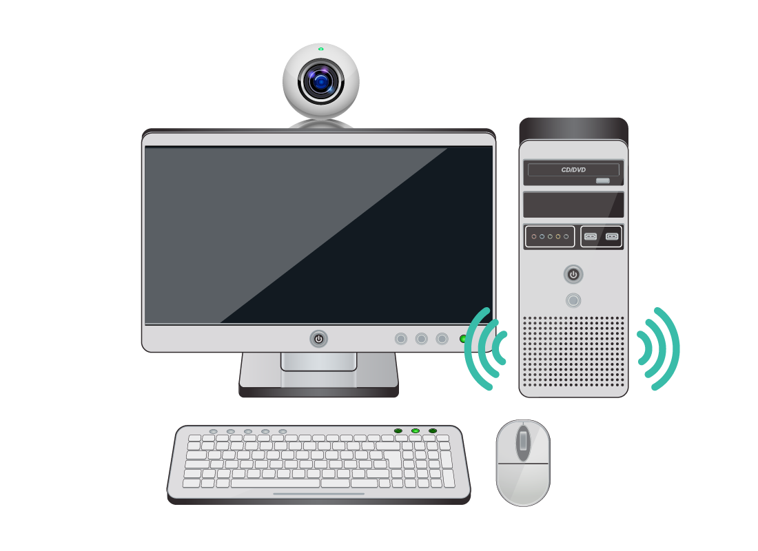A computer computer with a camera, speakers, mouse and a keyboard all set up for video calling