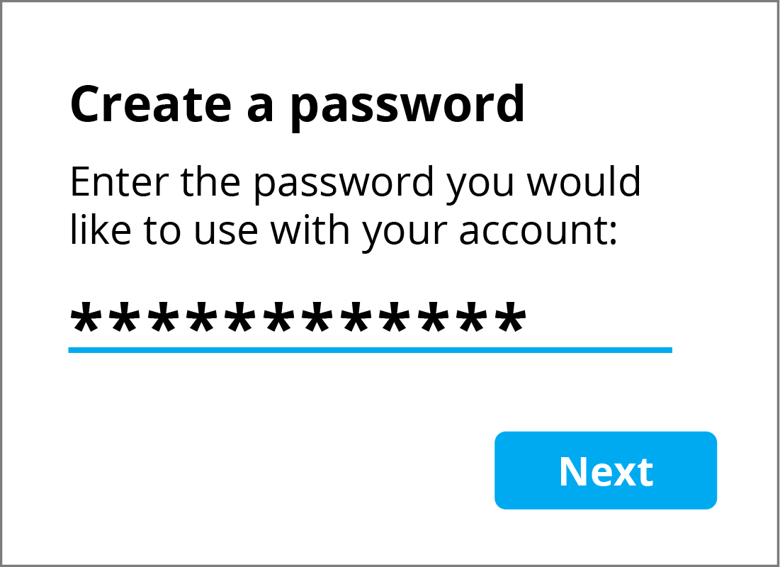 The Create a password panel displaying a series of stars indicating a strong and secure password