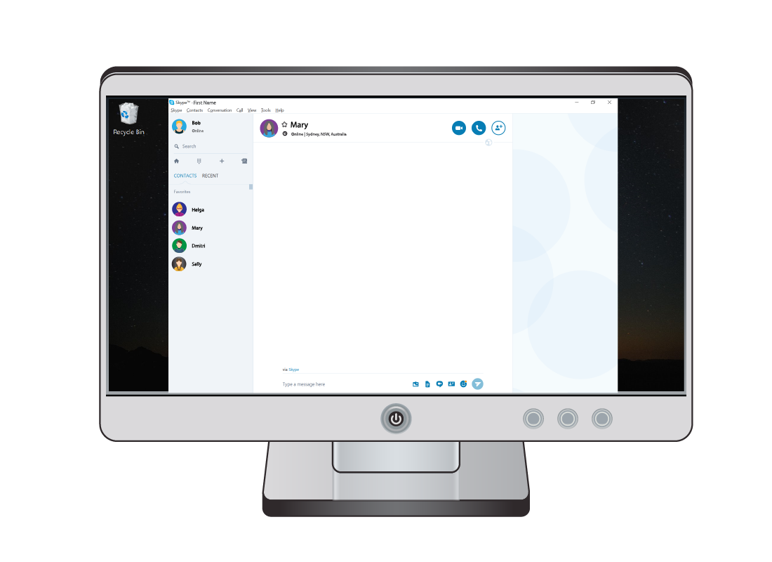 A sample Skype window with Mary selected, showing a few buttons as ways to get in contact with her