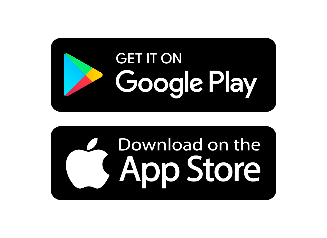The Apple App Store and Google Play logos on download buttons