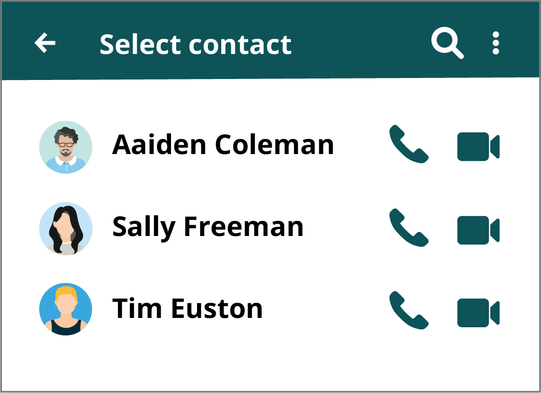 Shows a close up of a list of contacts in the WhatsApp app