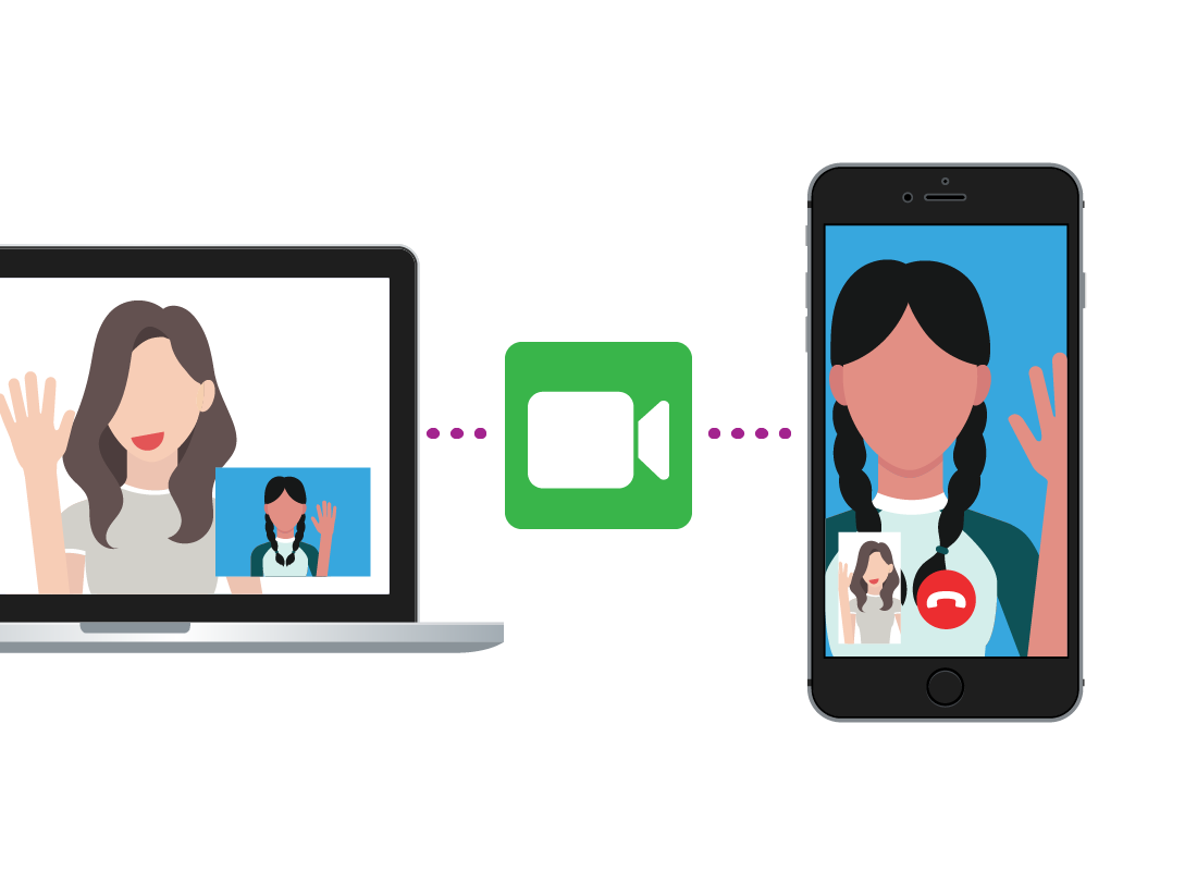 A graphic of two people chatting using FaceTime on their Apple devices