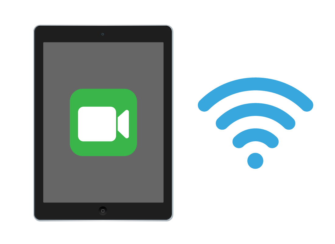 A graphic of an iPad using FaceTime next to a Wireless symbol