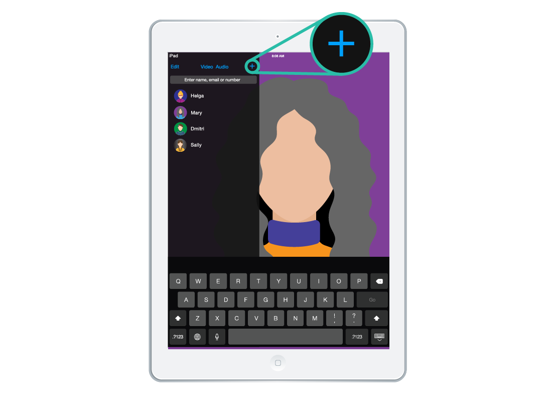 Featuring the FaceTime app on a tablet that highlights a plus symbol