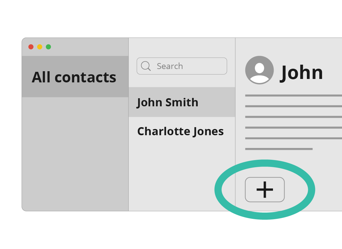 A close up of the + symbol in the Contacts app on an Apple computer