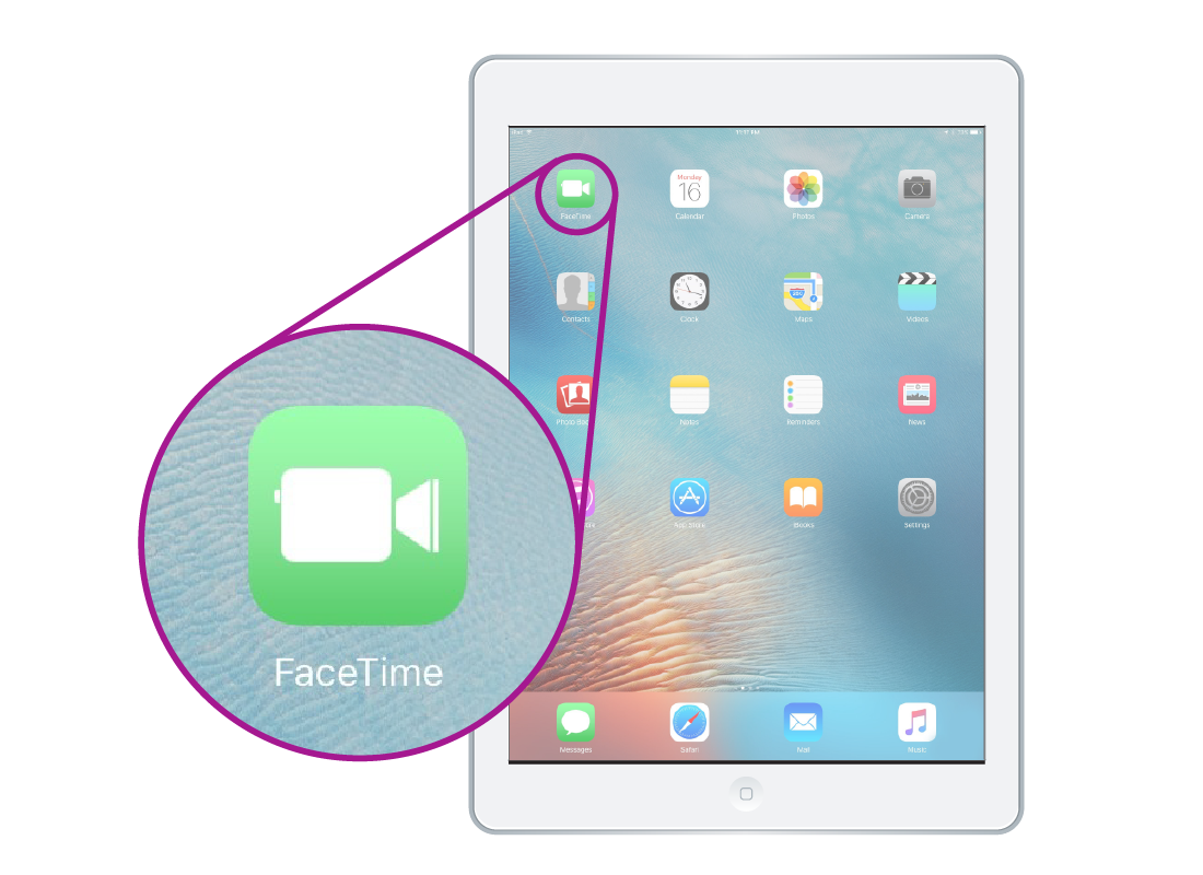 Shows a tablet with multiple apps on the home screen and the FaceTime app highlighted