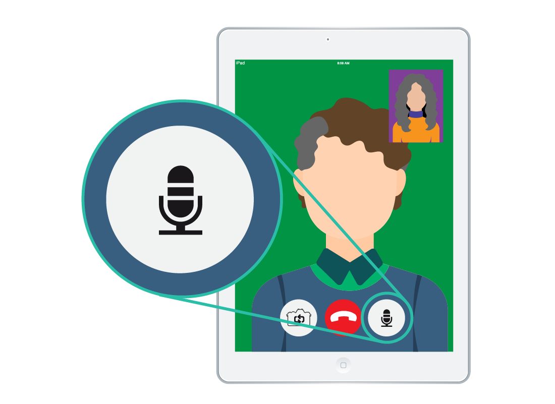 Shows a FaceTime call with the microphone symbol button highlighted