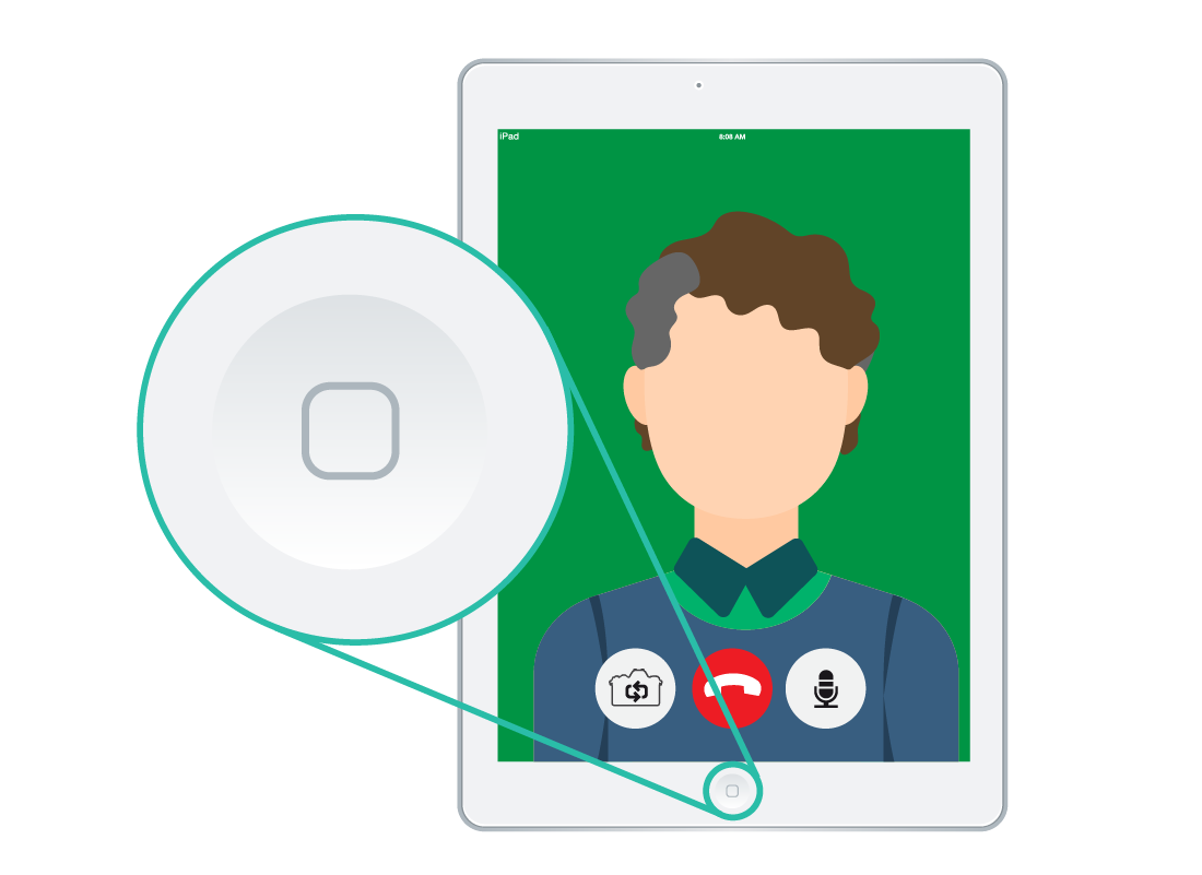 Shows a FaceTime call with the home button of the tablet highlighted