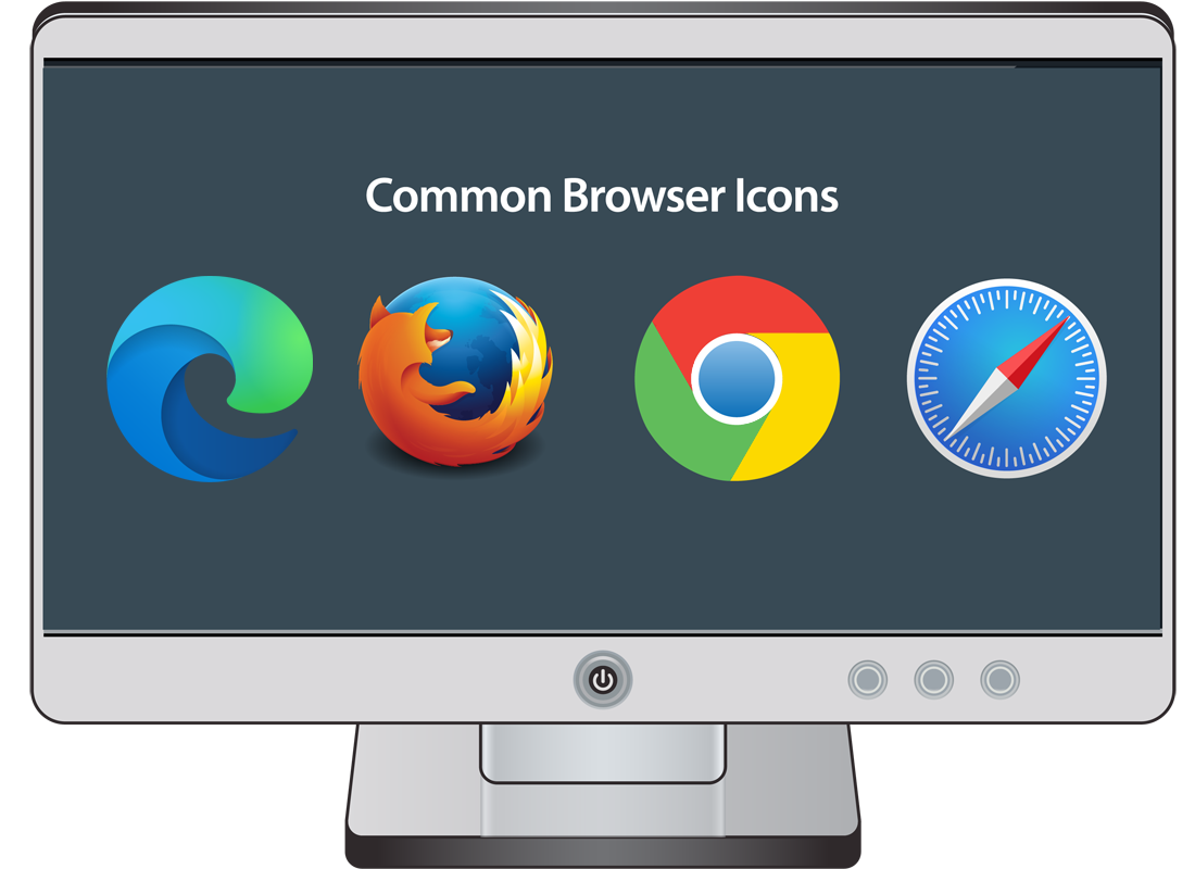 A computer screen showing the logos of four of the most popular web browsers, Edge, Firefox, Chrome and Safari
