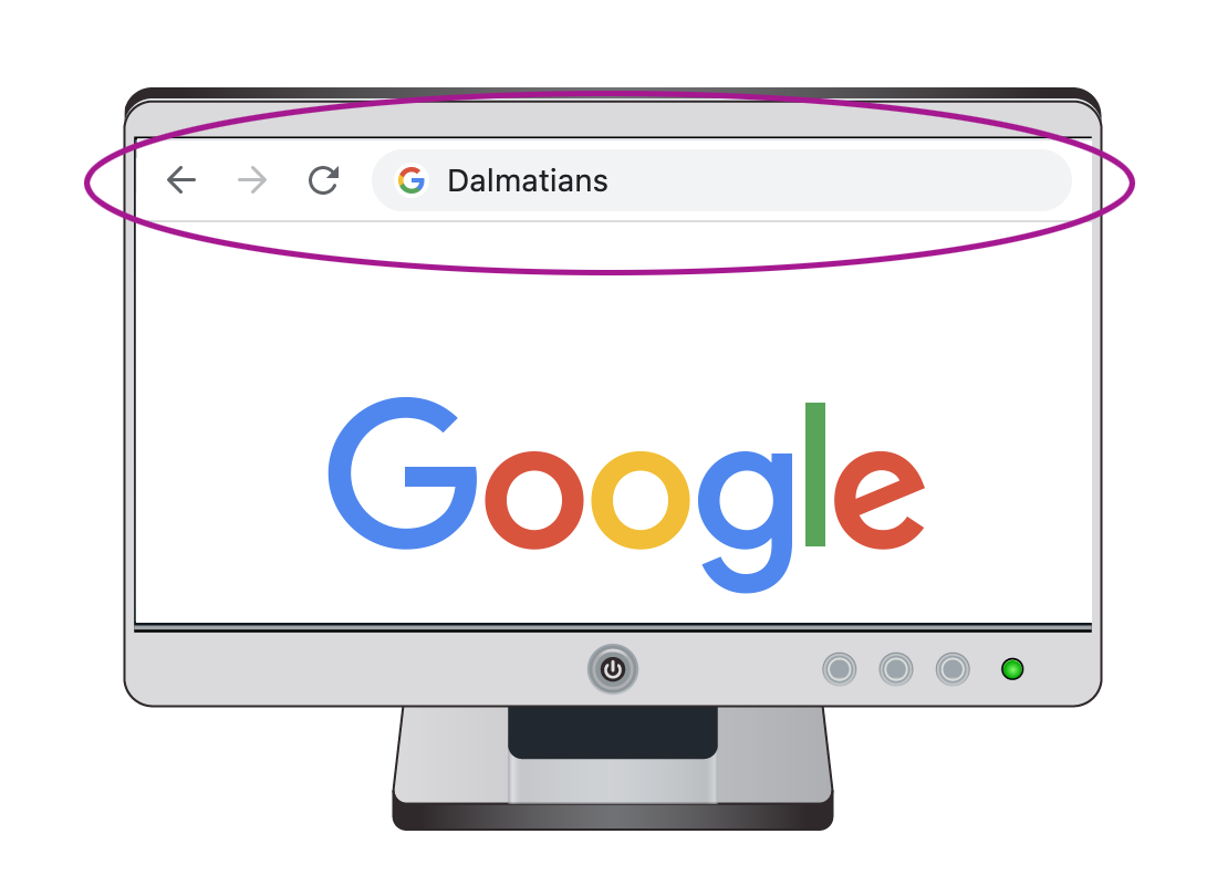 A close up of a search for Dalmatians using the web browser address bar