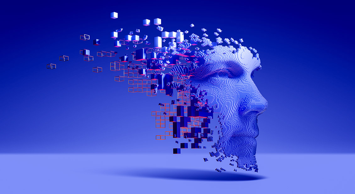 A digitally constructed human face made of cube fragments representing data and machin learning.