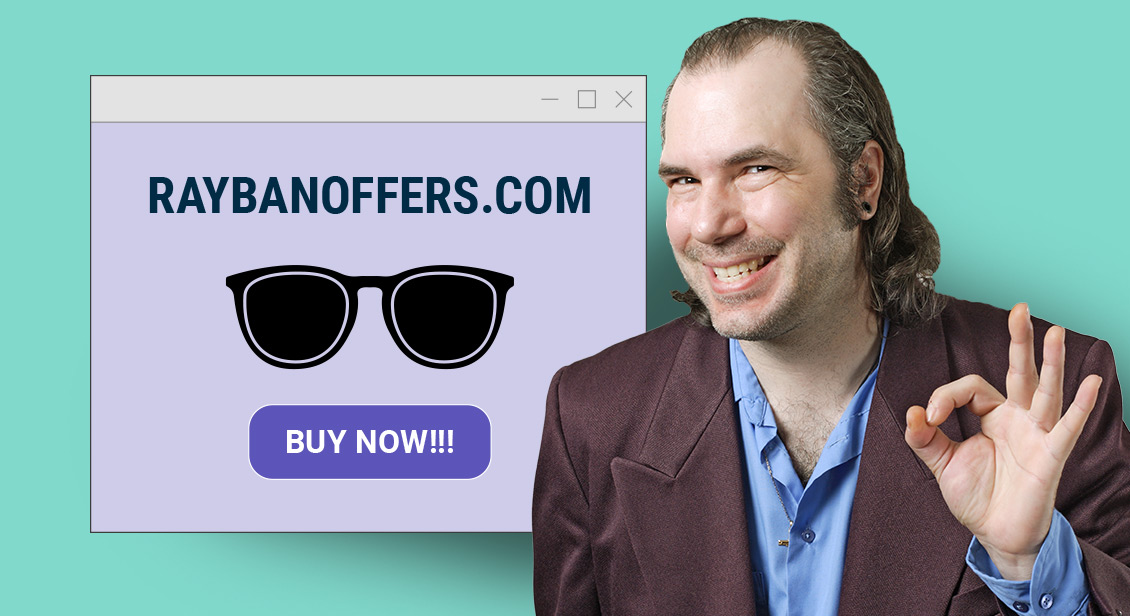 man advertising fake ray ban sunglasses on scam website