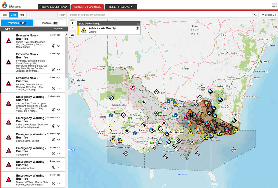 Screenshot of Victoria Country Fire Association website - showing a map of the State of Victoria and location of current fires.