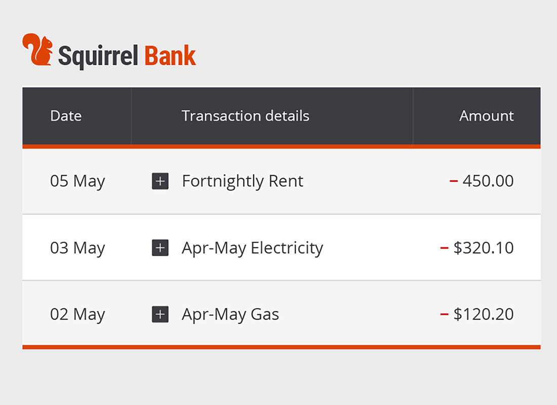 A summary page of recent bill payments from a typical online bank account