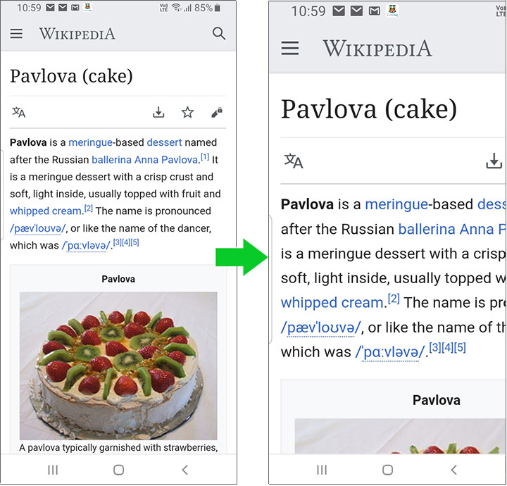 A standard view versus a zoomed in view of a web page on a smart device