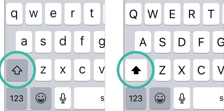 Examples of a lowercase keyboard with the Shift key arrow as an outline and an uppercase keyboard with showing the Shift key as a solid black arrow