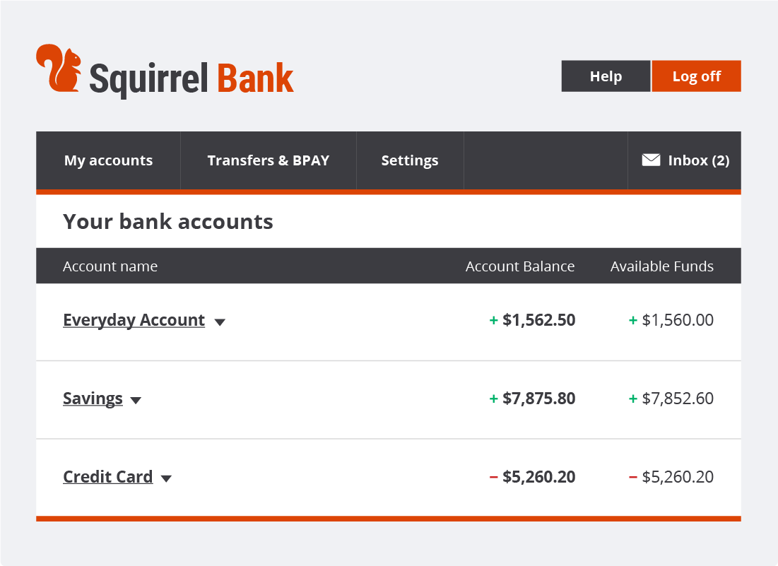 The Squirrel Bank accounts summary page