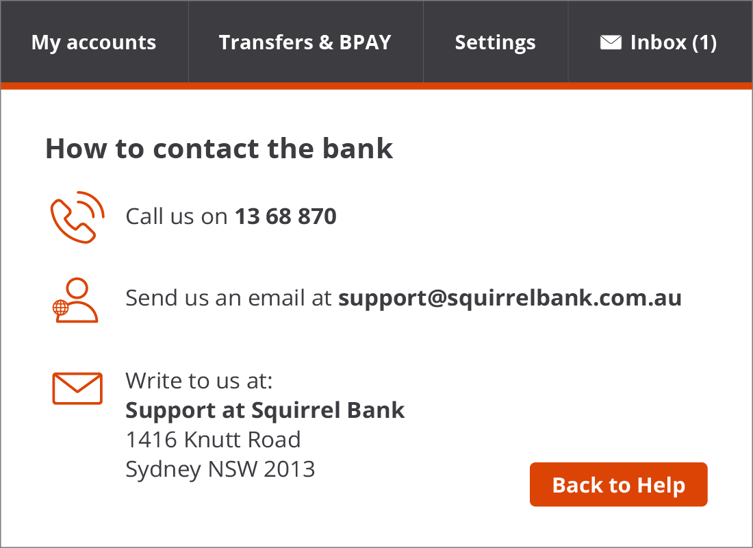 The Squirrel Bank contact details page