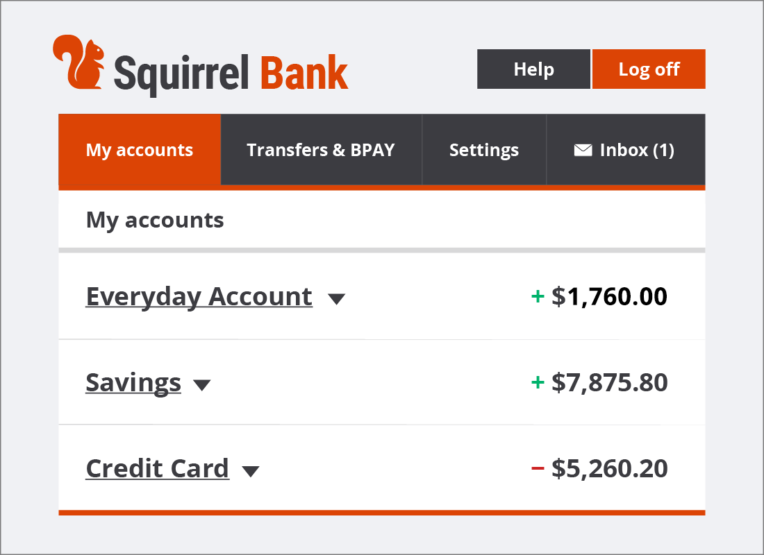 A typical home page for an online bank account