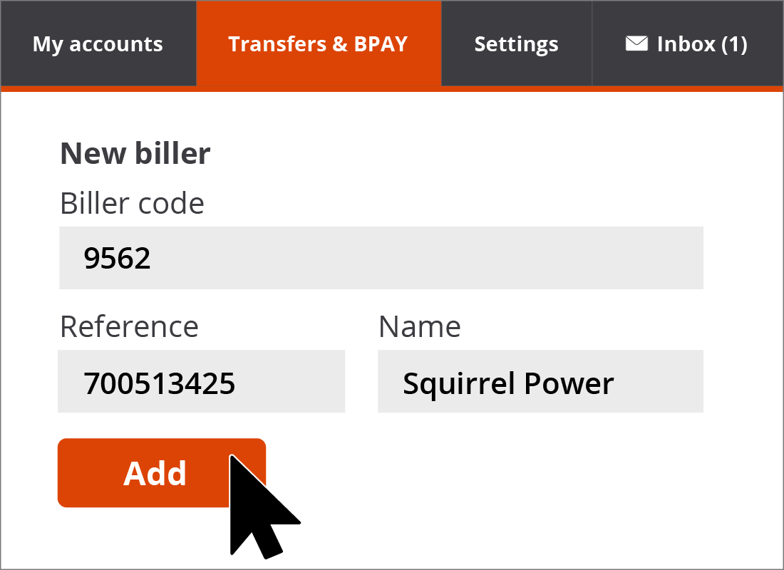 Adding a new biller to our Saved Billers list in Squirrel Bank.