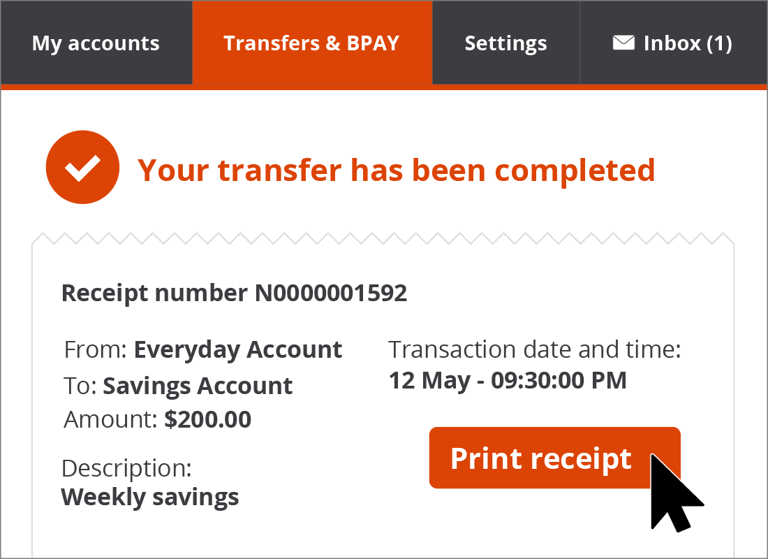 A transfer has been completed on our Squirrel Bank example website.