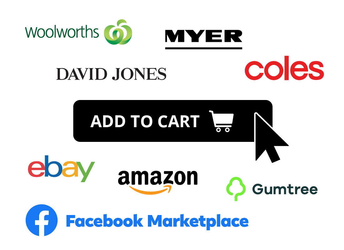 The logos of major online retailers and marketplaces available to shop online in Australia.