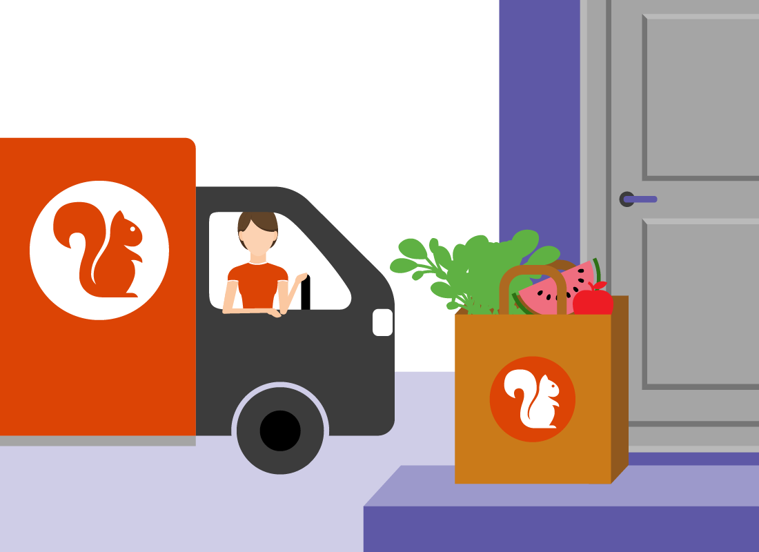 A delivery truck from the online store dropping off some groceries at the front door.