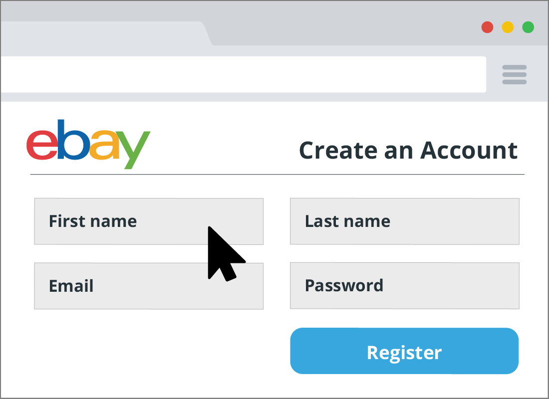 A 'Create an Account' form for setting up an eBay account.