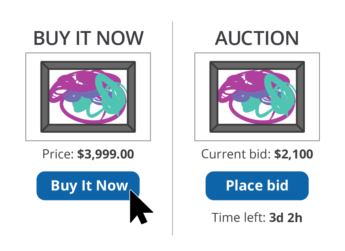 The two different ways of buying on eBay are by auction, or Buy It Now.