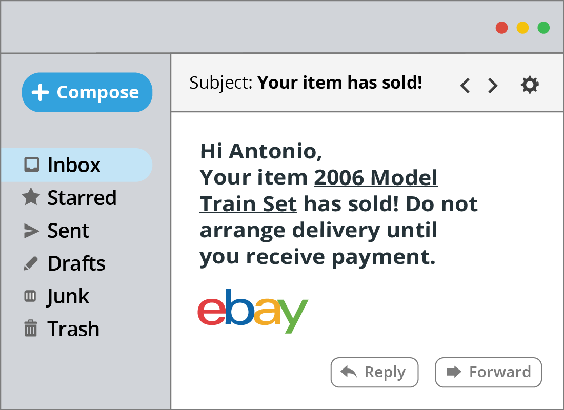 Email notification letting Antonio know that his train has sold