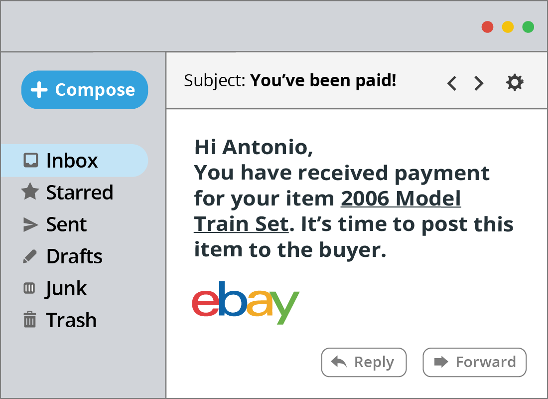 Email notification letting Antonio know that payment has been made