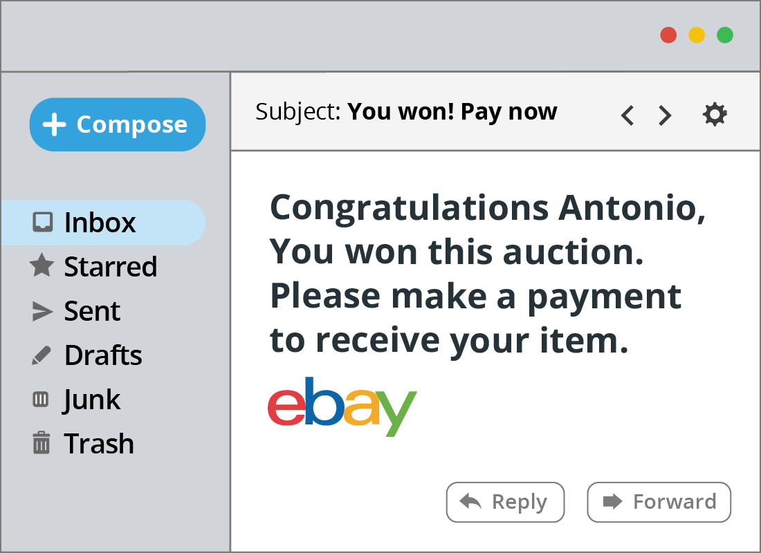 Notification telling Antonio he has won the auction