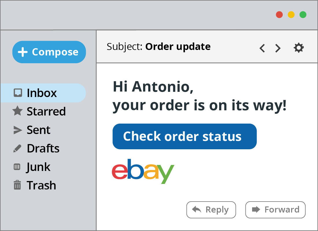 A notification telling Antonio that his item is on its way