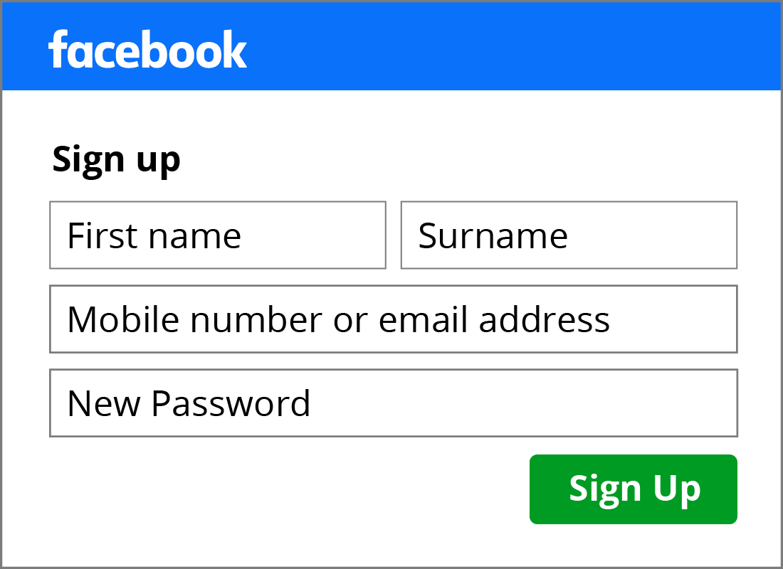 The Facebook Sign up form fields, including First name, Last name, mobile phone number or email address, password and other personal information.