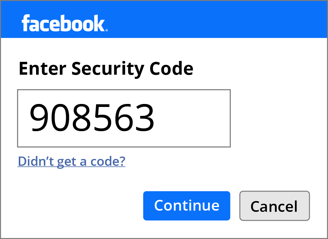 An example of the confirm security code form on Facebook.