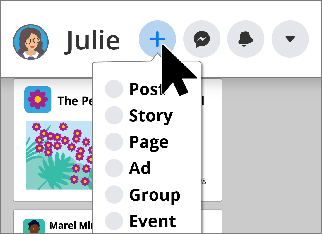 The Create button allows Julie to create a number of pages or events on Facebook.