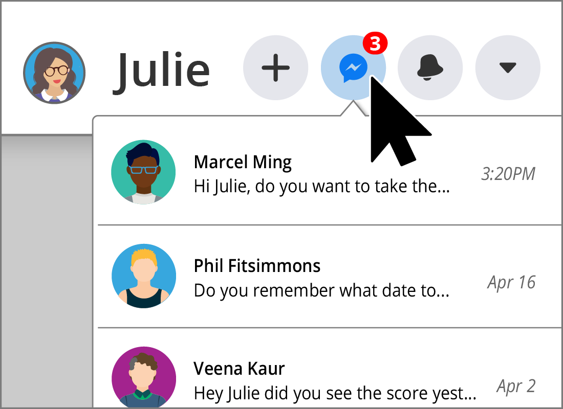 Julie has three unread Messages on her Facebook page.