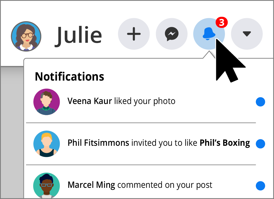 Julie has three unread Notifications on her Facebook page.