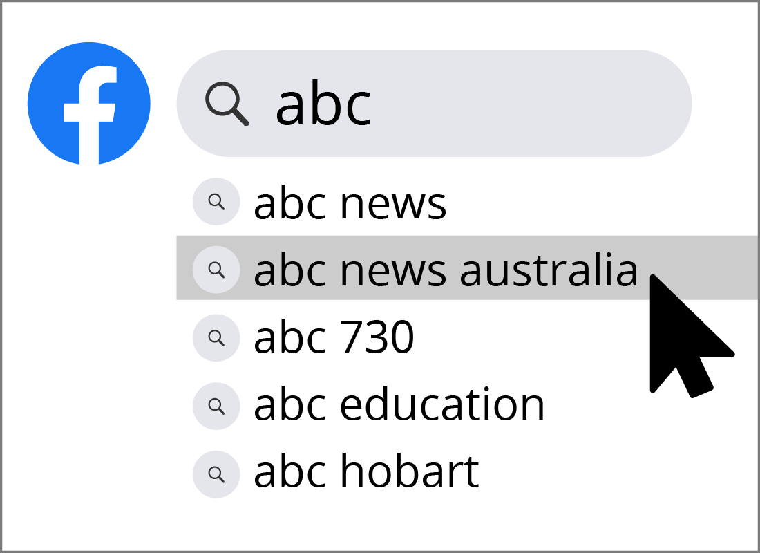 The Facebook search field showing a list of options for the searched term 'abc'.