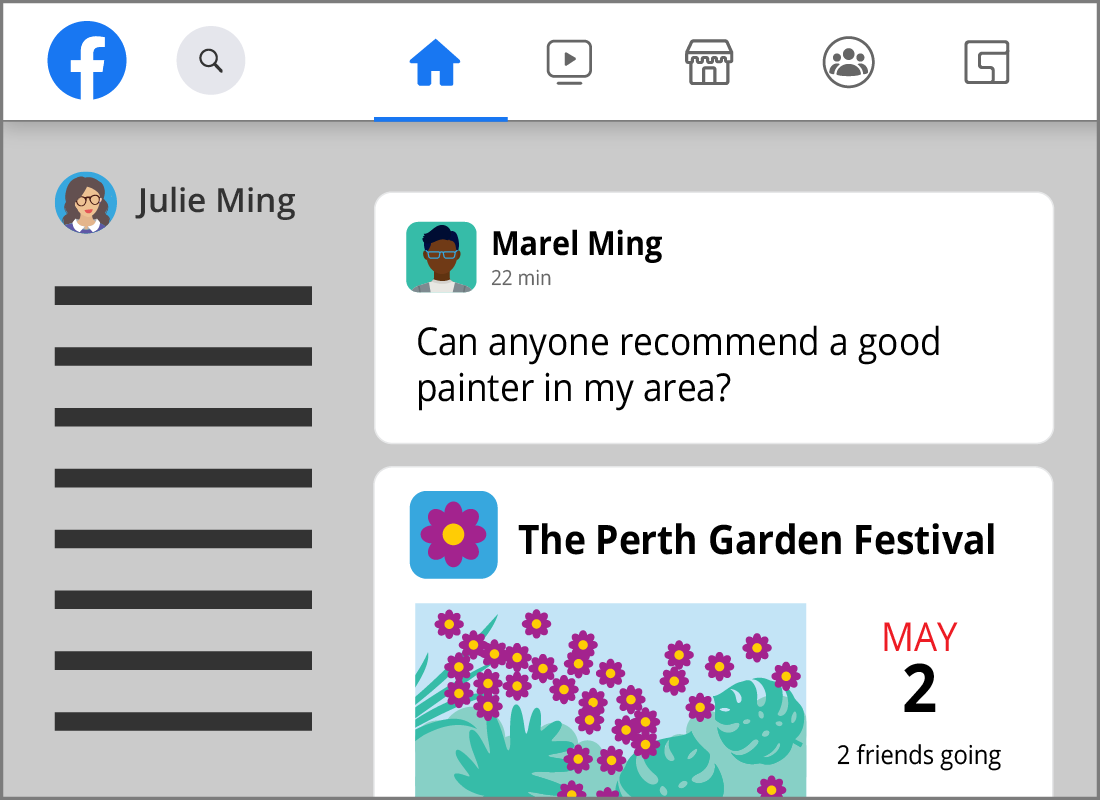 Julie's Facebook Home page showing her News Feed and an upcoming event to attend the Perth Garden Festival.