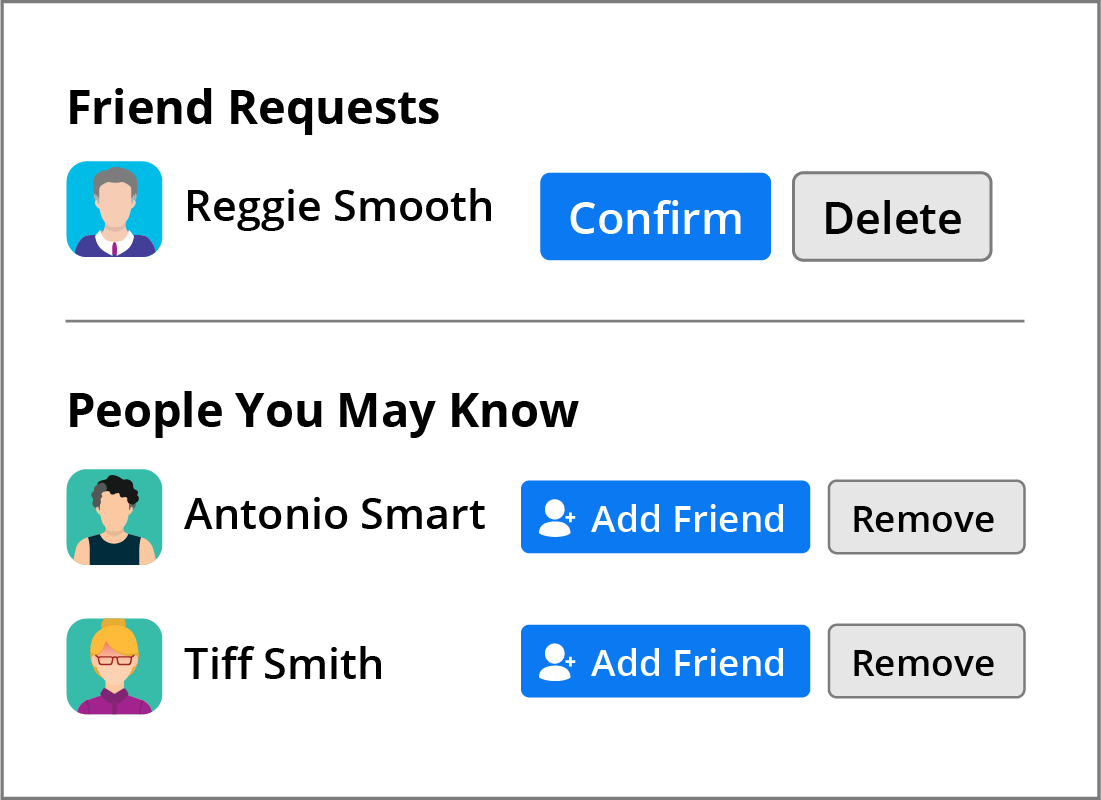 Julie has a Friend Request from Reggie Smooth, and suggested Friends called Antonio Smart and Tiff Smith on her Facebook page.
