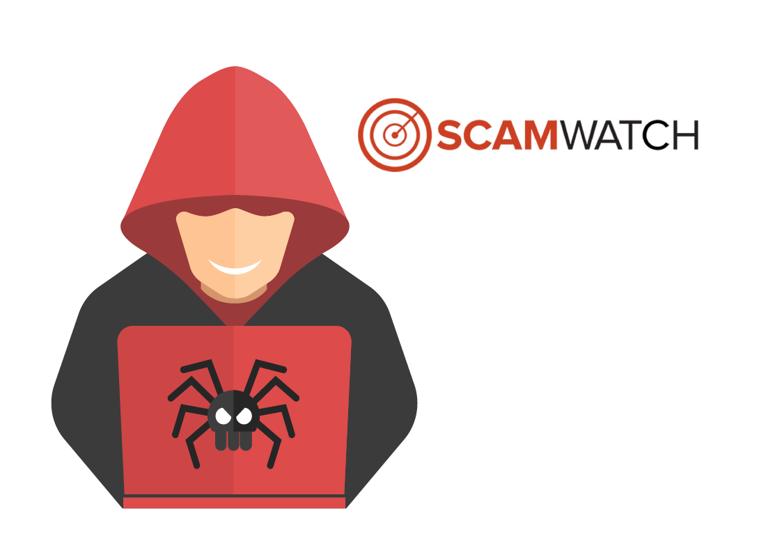 The Scamwatch logo alongside a graphic of a scammer up to no good.