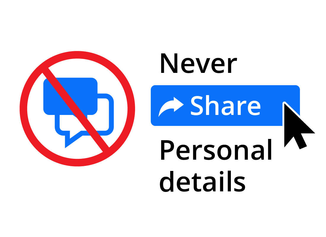 A graphic advising to never share personal details on Facebook.