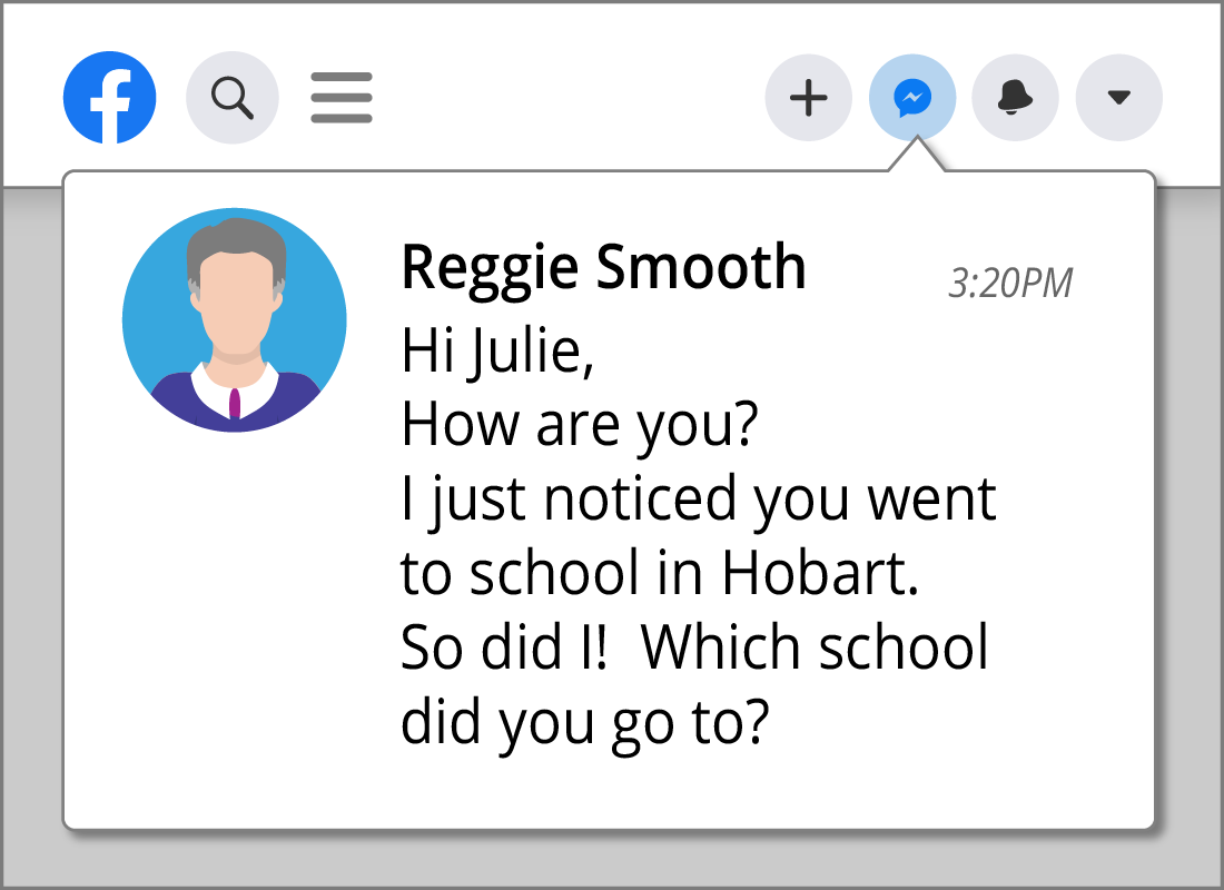 An example of a seemingly innocent but scam message enquiring about where Julie went to school.